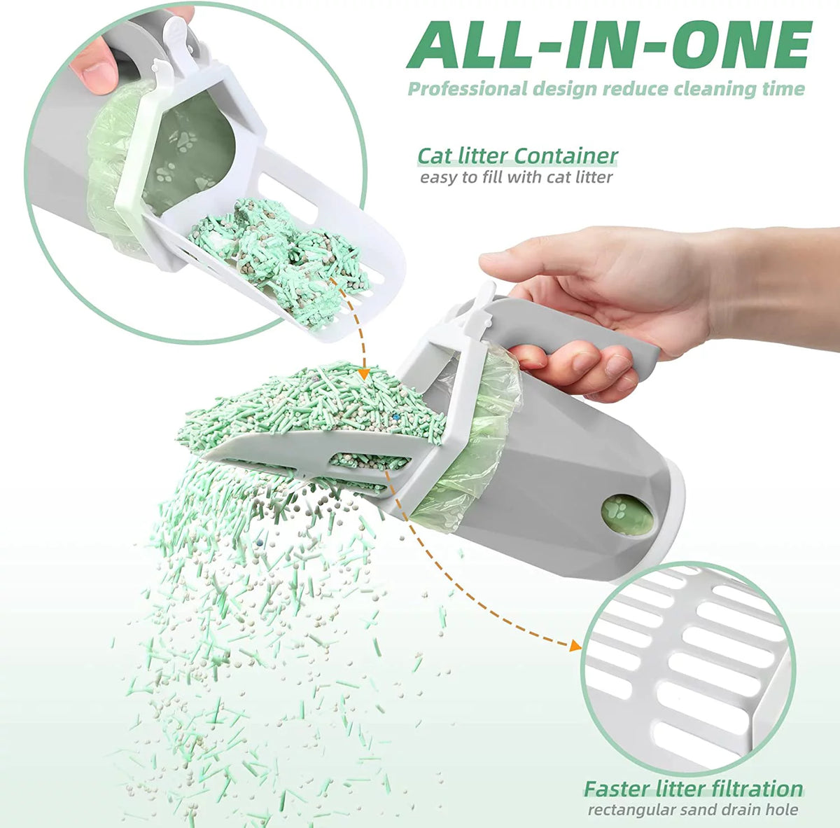 3-in-1 Portable Cat Litter Scoop with Holder - Large Integrated Scooper with 200 Refill Bags for 1-2 Cats or Kittens (Gray)