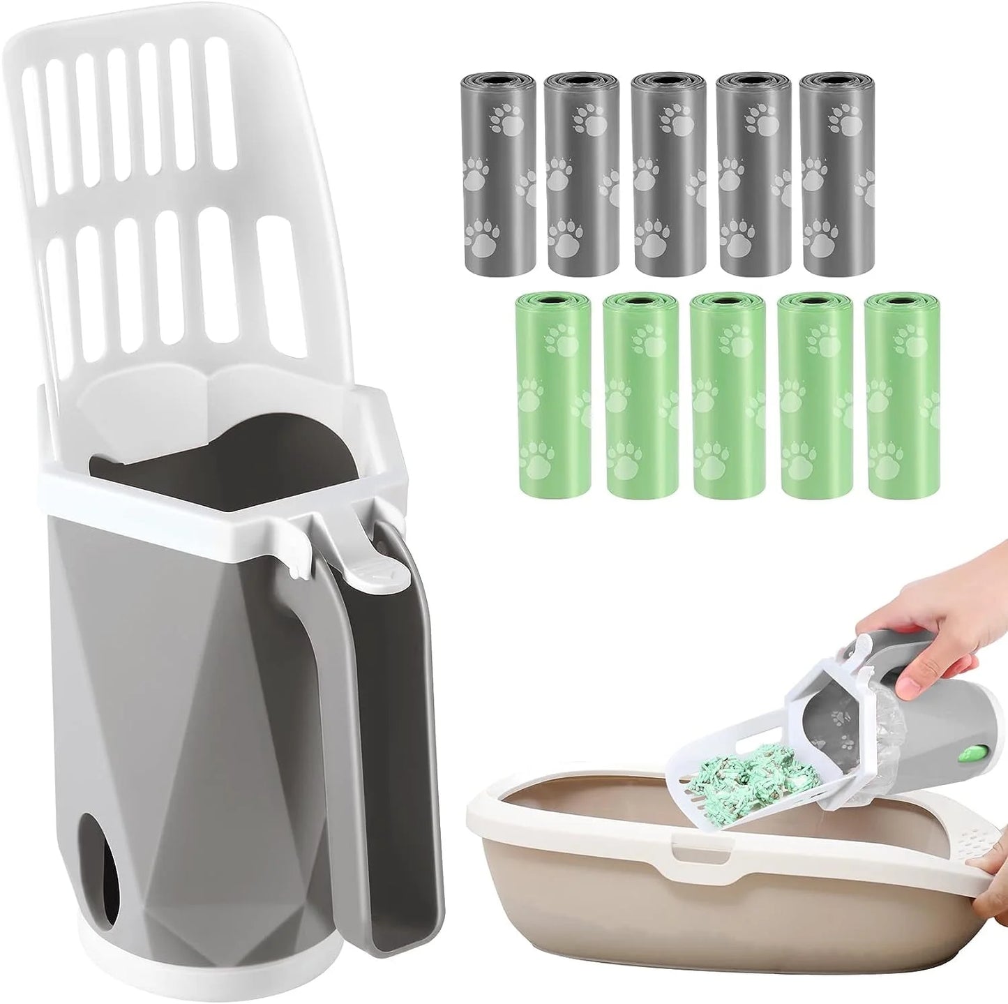 3-in-1 Portable Cat Litter Scoop with Holder - Large Integrated Scooper with 200 Refill Bags for 1-2 Cats or Kittens (Gray)