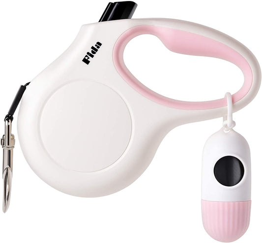 Retractable 10 Ft Dog Leash with Poop Bag Dispenser for Extra Small Pets up to 18 lbs, Anti-Slip Handle, Tangle-Free Design, Reflective Nylon Tape (XS, White)