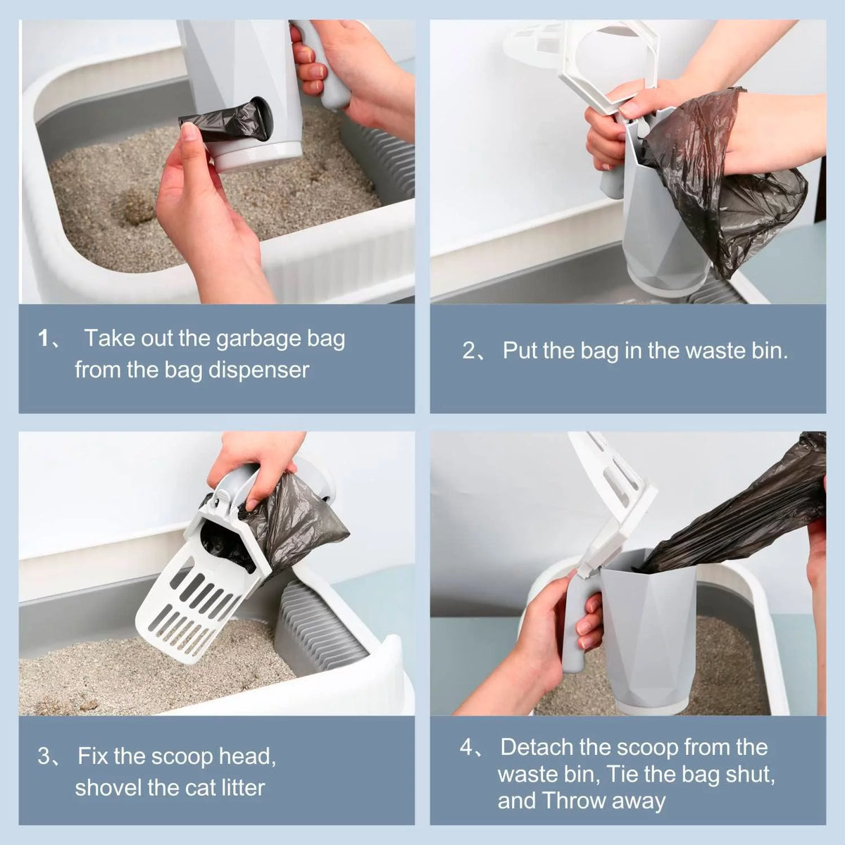 3-in-1 Portable Cat Litter Scoop with Holder - Large Integrated Scooper with 200 Refill Bags for 1-2 Cats or Kittens (Gray)
